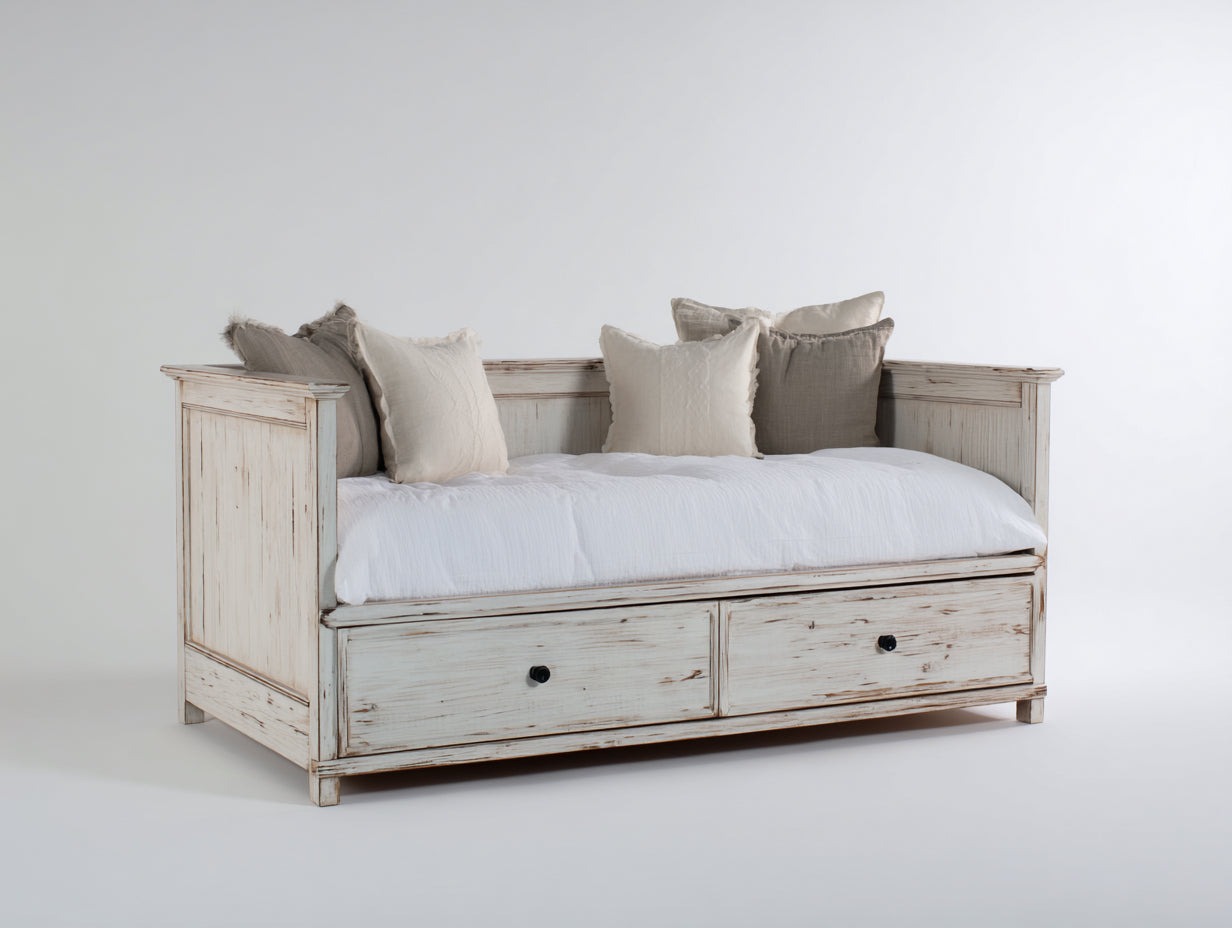 Canapé lit - Bois-panneaux de bois - 206 x 100 x 100 cm - Blanc vieilli - Style rustique avec rangement intégré