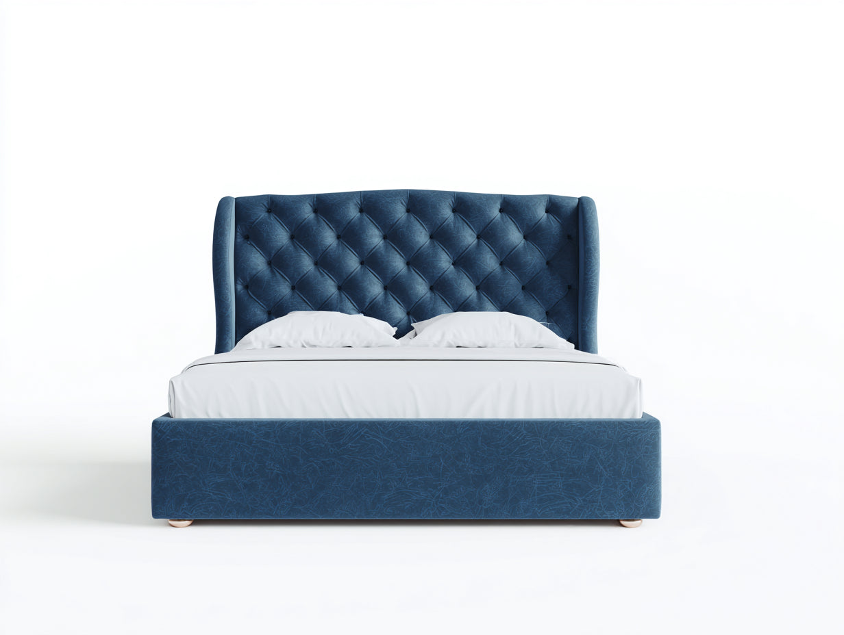 Lit double - Velours - 220 x 180 x 125 cm - Bleu marine - Style classique contemporain