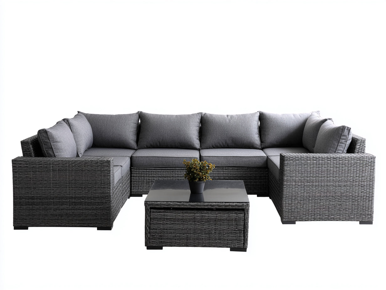 Canapé de jardin - Résine tressée-Tissu - 295 x 200 x 77 cm - Gris anthracite-Gris foncé - Contemporain