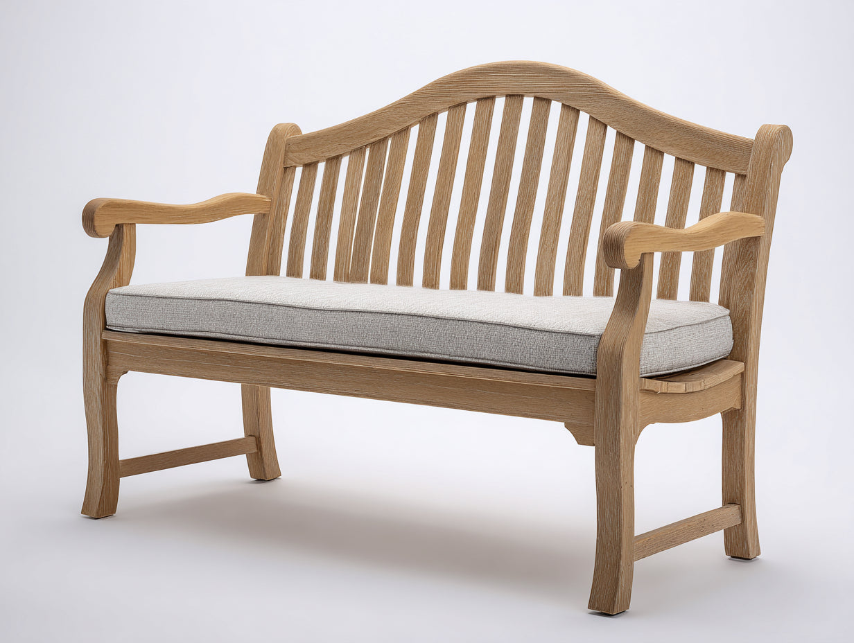 Banc de jardin - Bois massif-Tissu - 151 x 62 x 92 cm - Bois naturel-Grège - Style traditionnel à dossier cintré