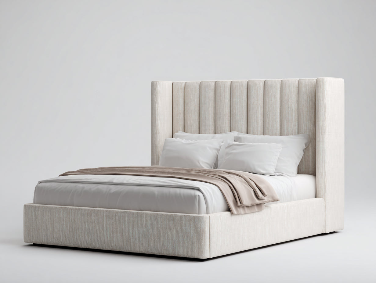 Lit double - Tissu - 220 x 180 x 135 cm - Beige - Design contemporain
