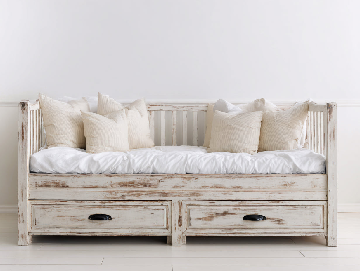 Canapé lit - Bois-panneaux de bois - 208 x 99 x 102 cm - Blanc vieilli - Style rustique avec rangement intégré