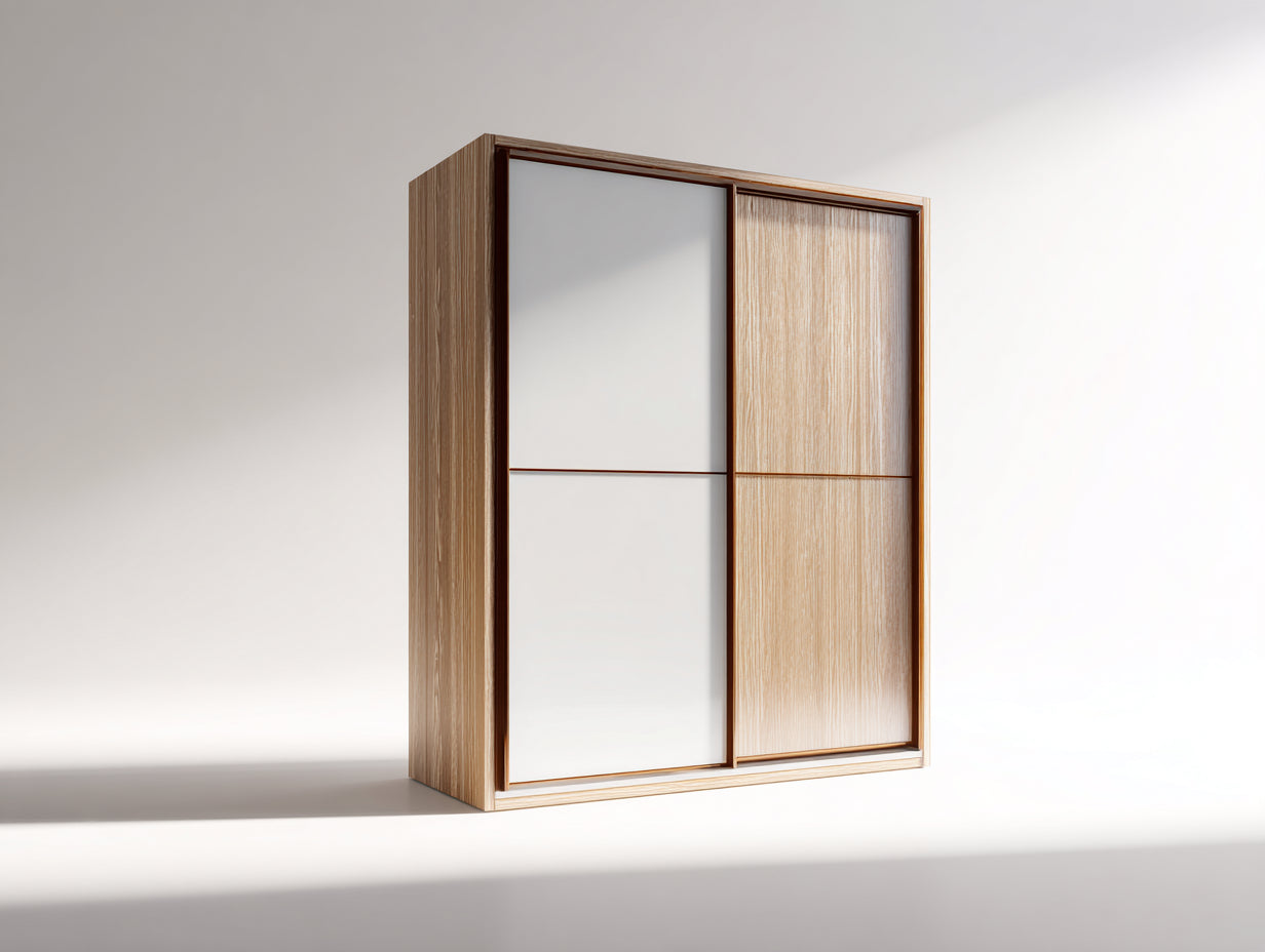 Armoire - Bois manufacturé - Verre - 160 x 60 x 200 cm - Chêne clair-Blanc - Style moderne