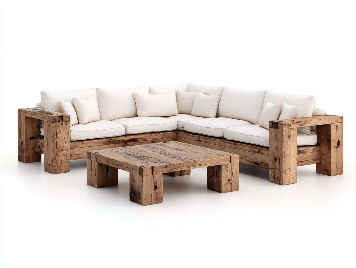 Canapé de jardin - Bois massif-Tissu - 292 x 292 x 81 cm - Blanc cassé-Bois naturel - Rustique