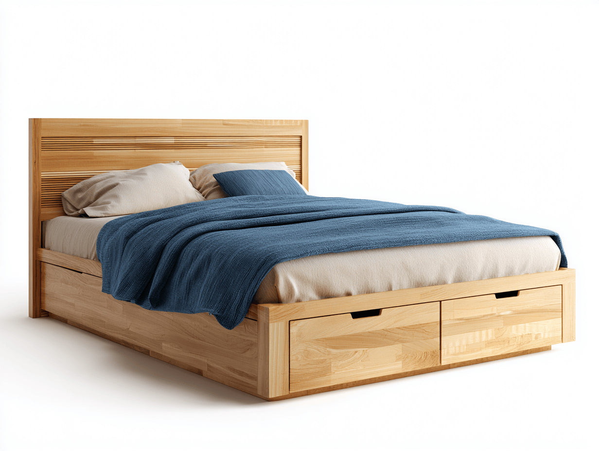 Lit double - Bois - 220 x 180 x 120 cm - Bois naturel - Style moderne