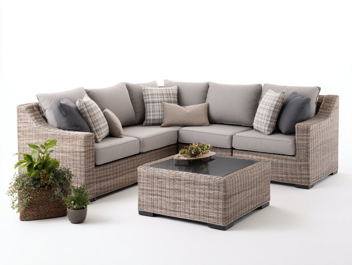 Canapé de jardin - Résine tressée-Tissu - 248 x 248 x 82 cm - Gris clair-Taupe-Noir - Contemporain