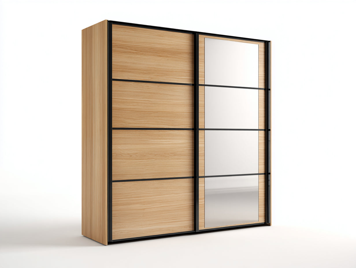 Armoire - Bois manufacturé - Verre - Métal - 160 x 60 x 200 cm - Chêne clair-Noir - Style contemporain