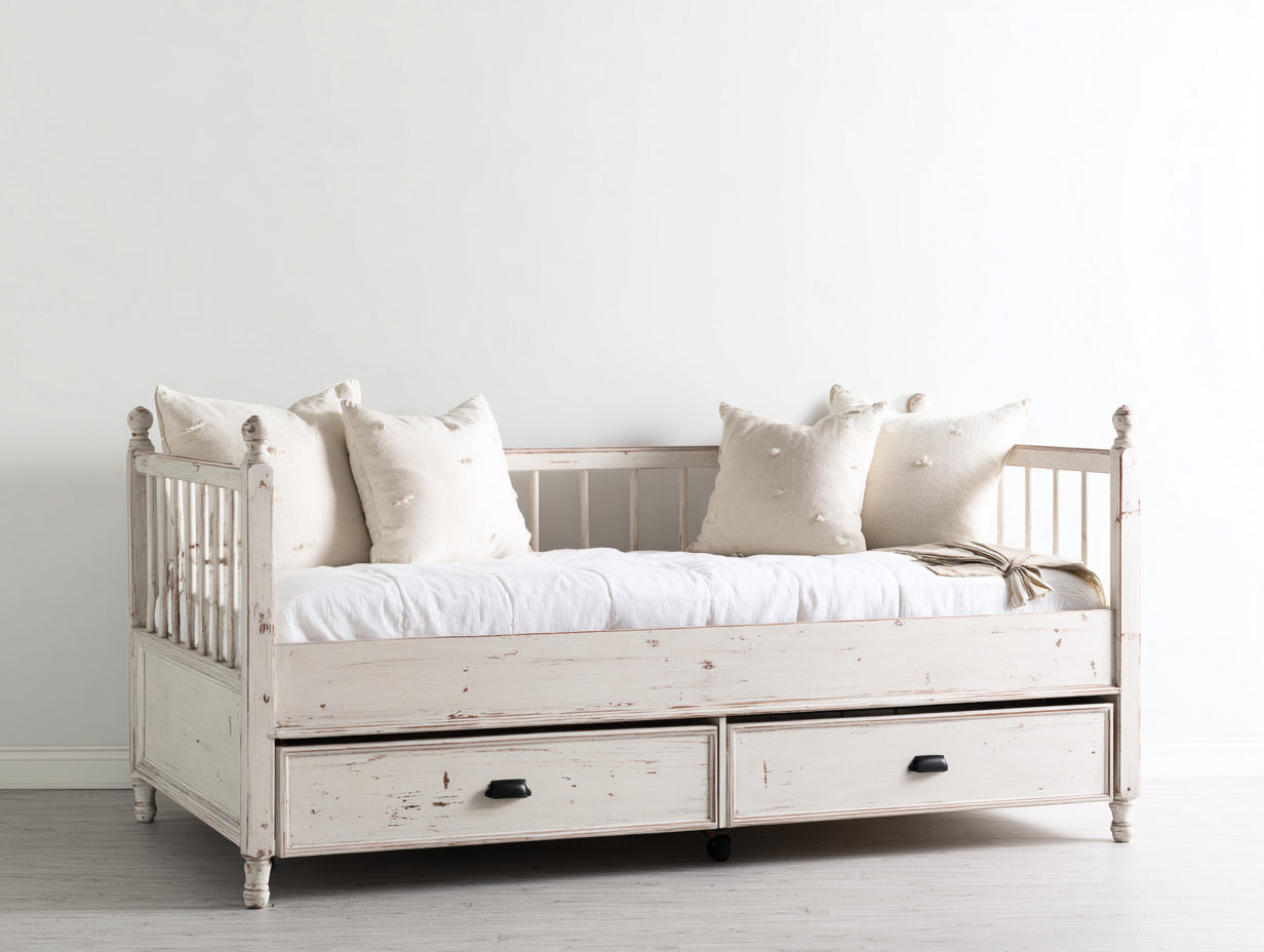 Canapé lit - Bois-panneaux de bois - 207 x 99 x 101 cm - Blanc vieilli - Style rustique avec rangement intégré
