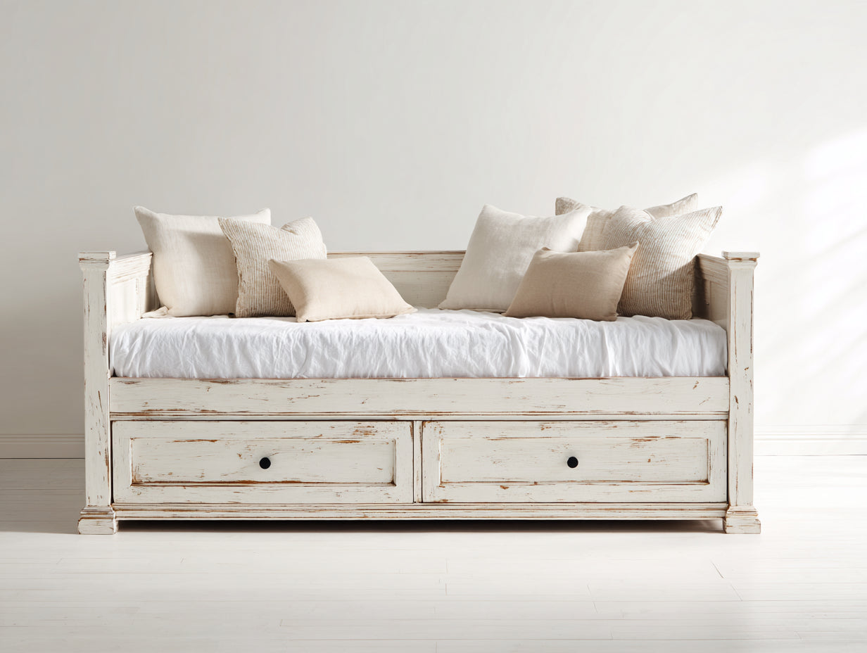 Canapé lit - Bois-panneaux de bois - 207 x 100 x 98 cm - Blanc vieilli - Style rustique avec rangement intégré